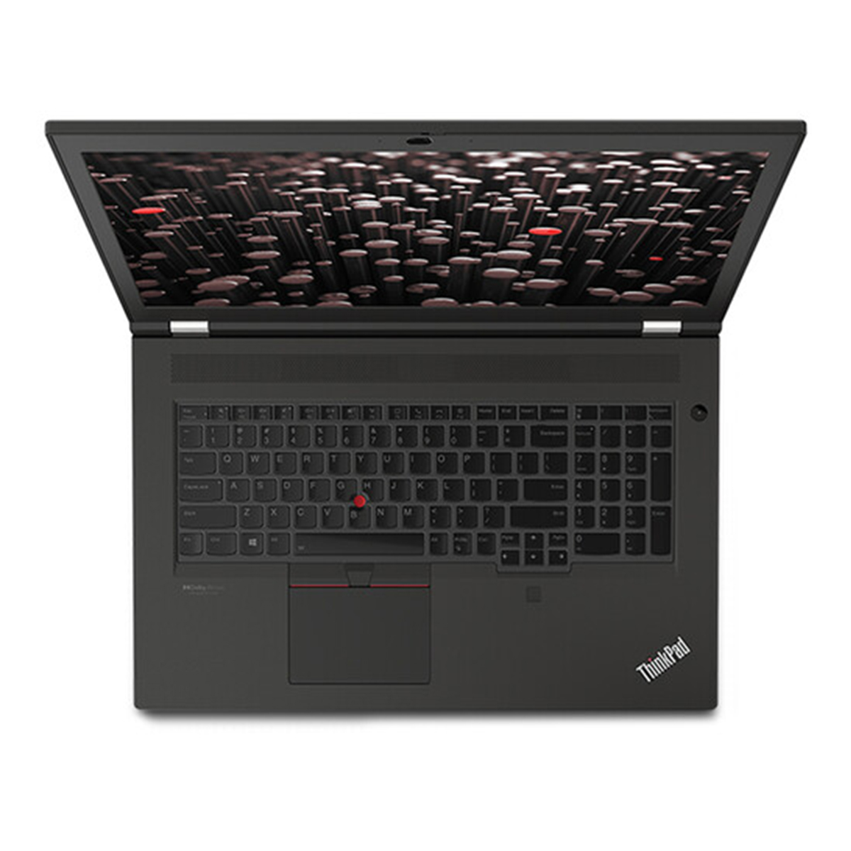 Otwarty czarny laptop z klawiaturą i abstrakcyjną tapetą.