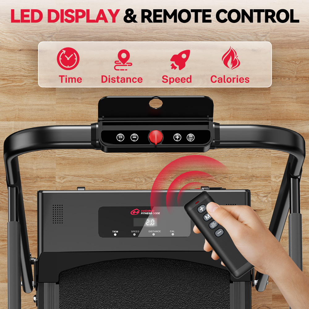 Bieżnia z pilotem i wyświetlaczem LED pokazującym czas, dystans, prędkość i kalorie.