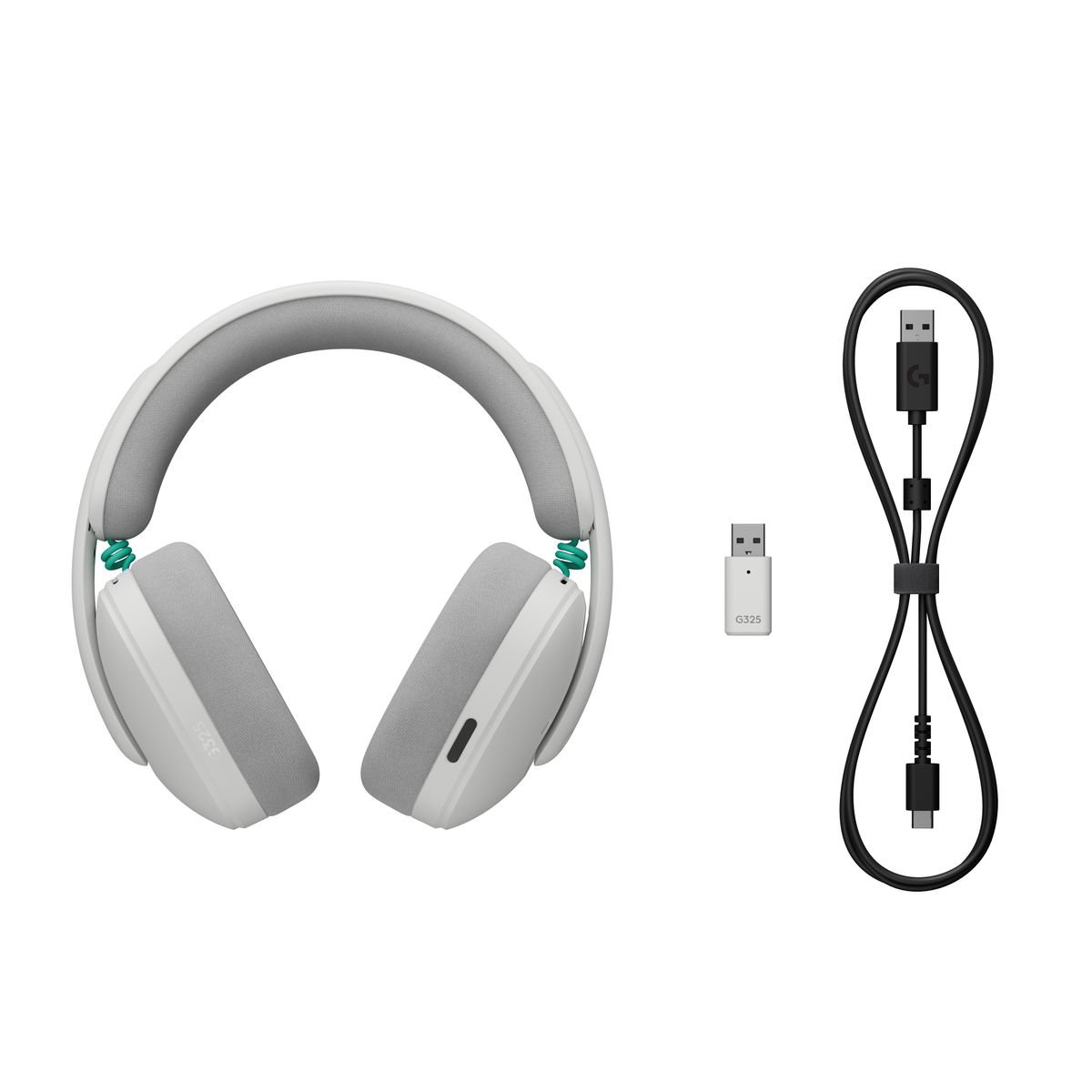 Weiße Kopfhörer mit grauem Polster, USB-Dongle und schwarzem Ladekabel.