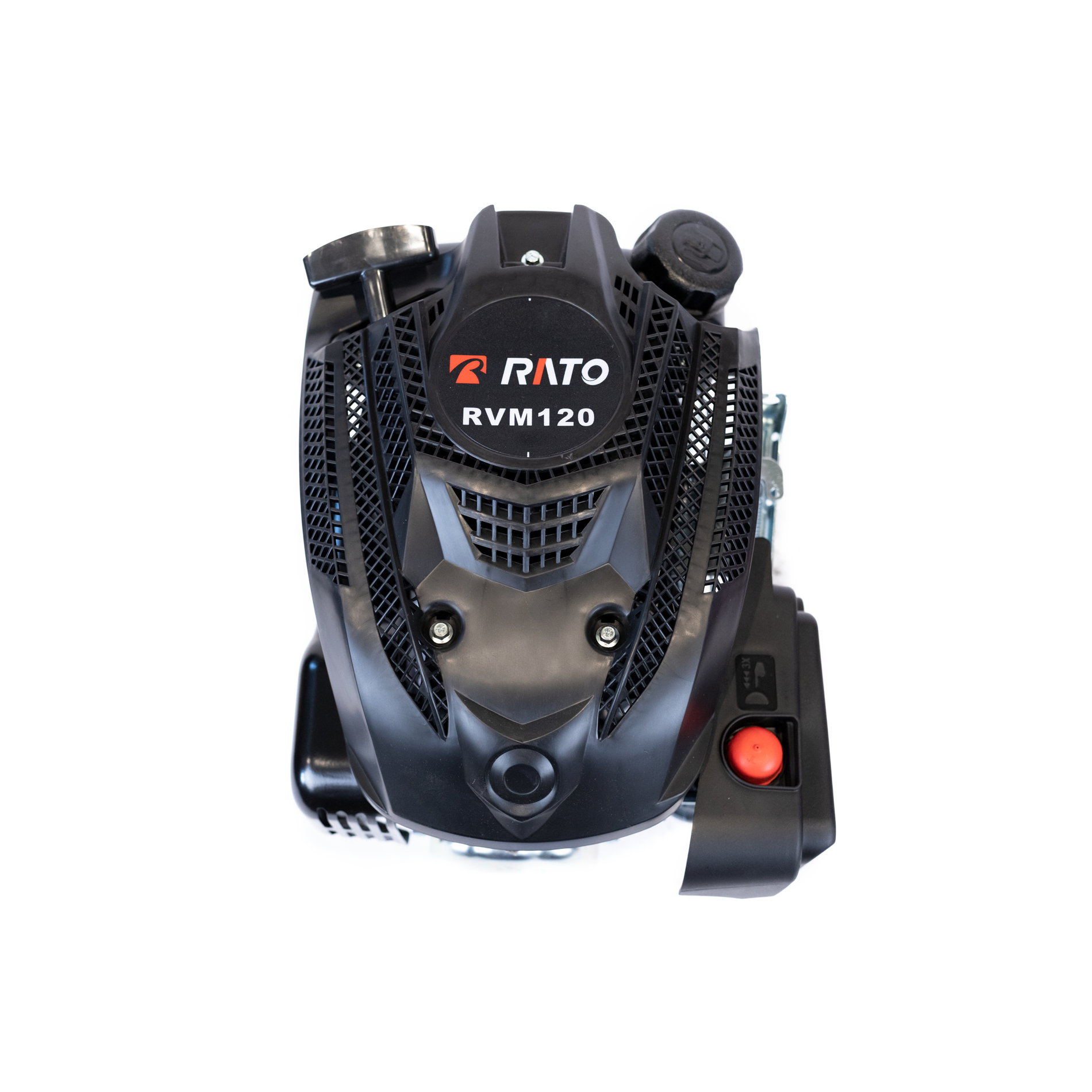 Czarny silnik Rato RVM120 z czerwonym przyciskiem i kratką wentylacyjną.