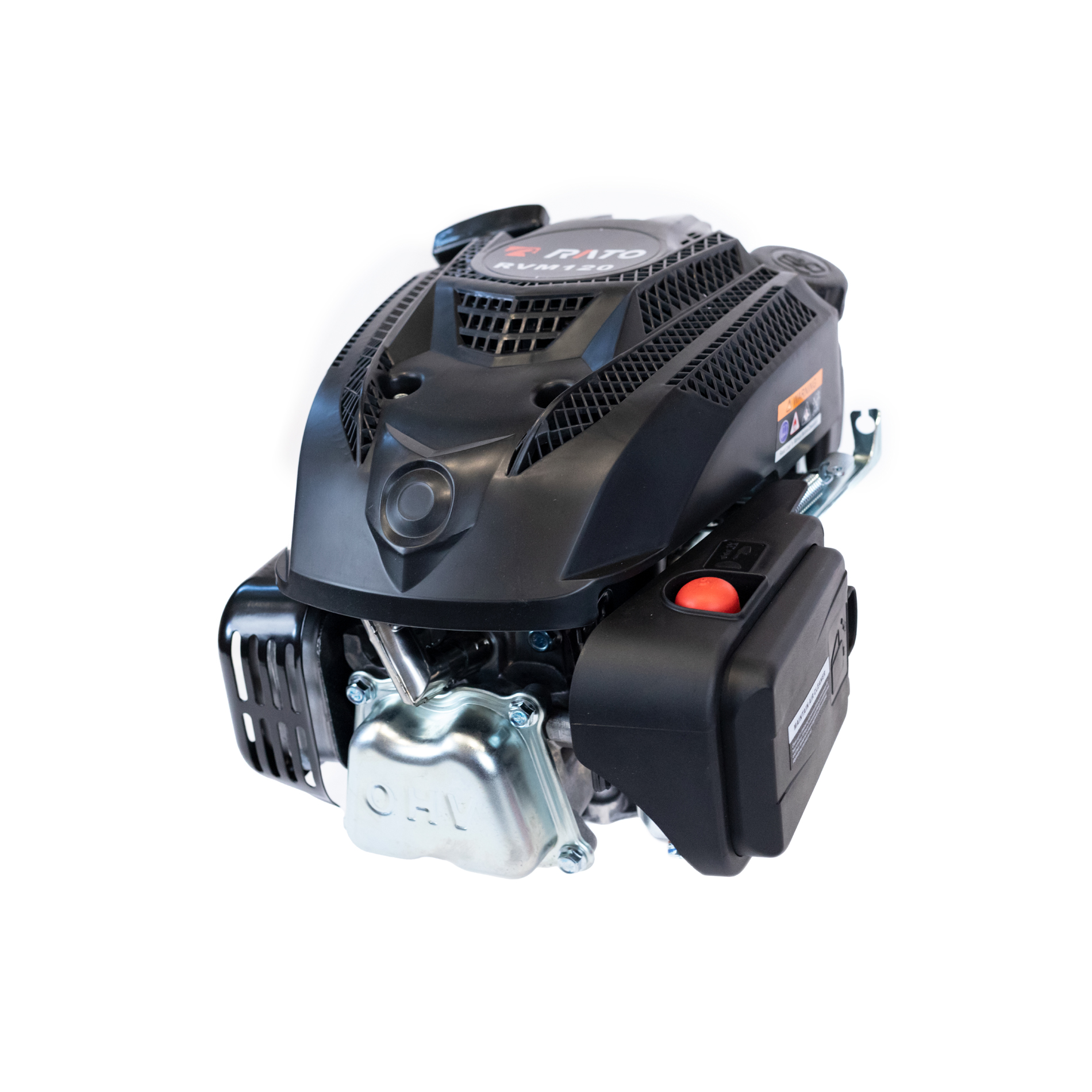 Czarny silnik Rato RVM120 ze srebrną pokrywą zaworów i czerwonym przyciskiem.