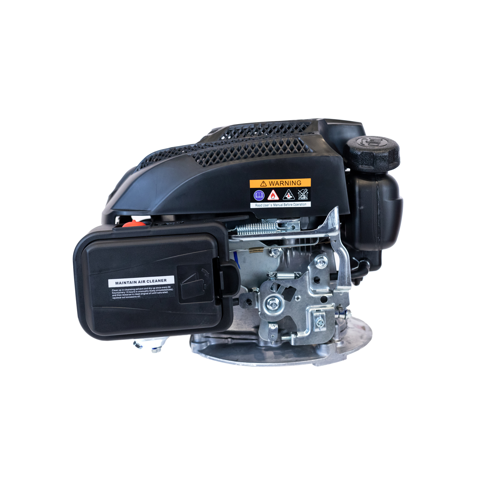 Czarny silnik z etykietą ostrzegawczą i instrukcjami konserwacji.