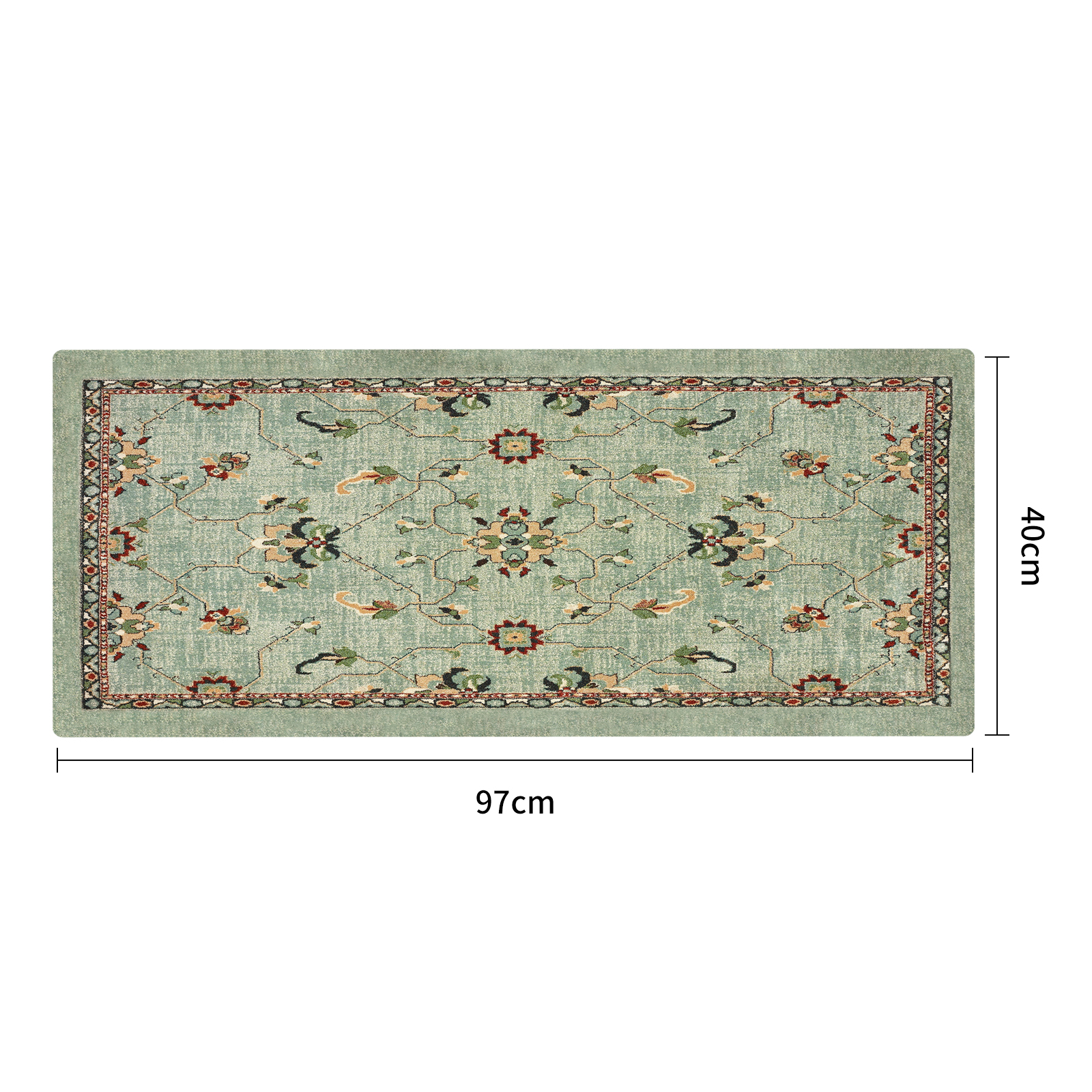 Turkusowy dywan z wzorem kwiatowym, wymiary 97x40cm.