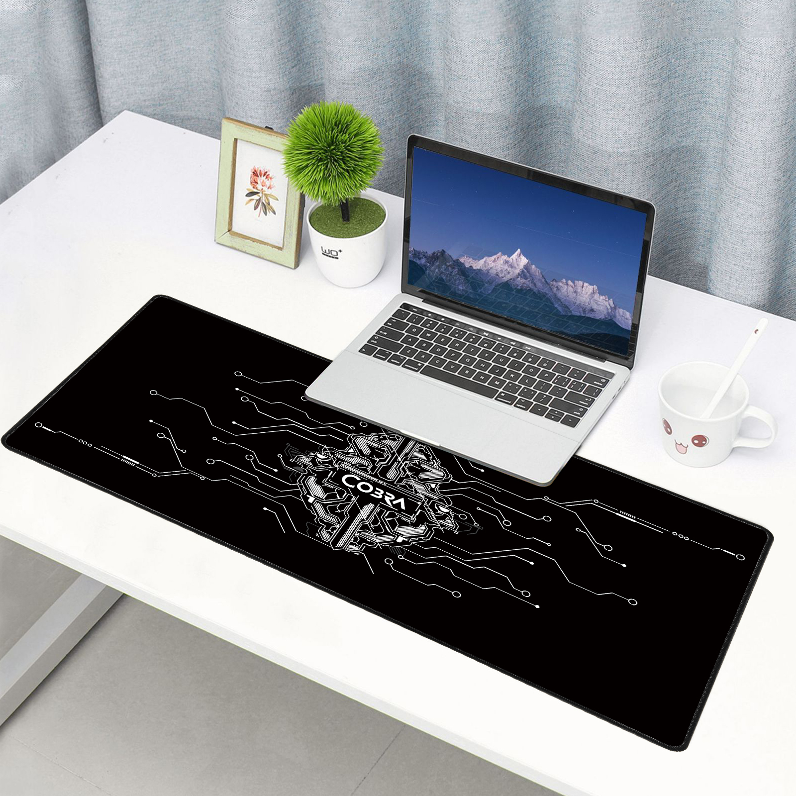 Biurko z laptopem, podkładka pod mysz z motywem kobry, obraz i roślina.