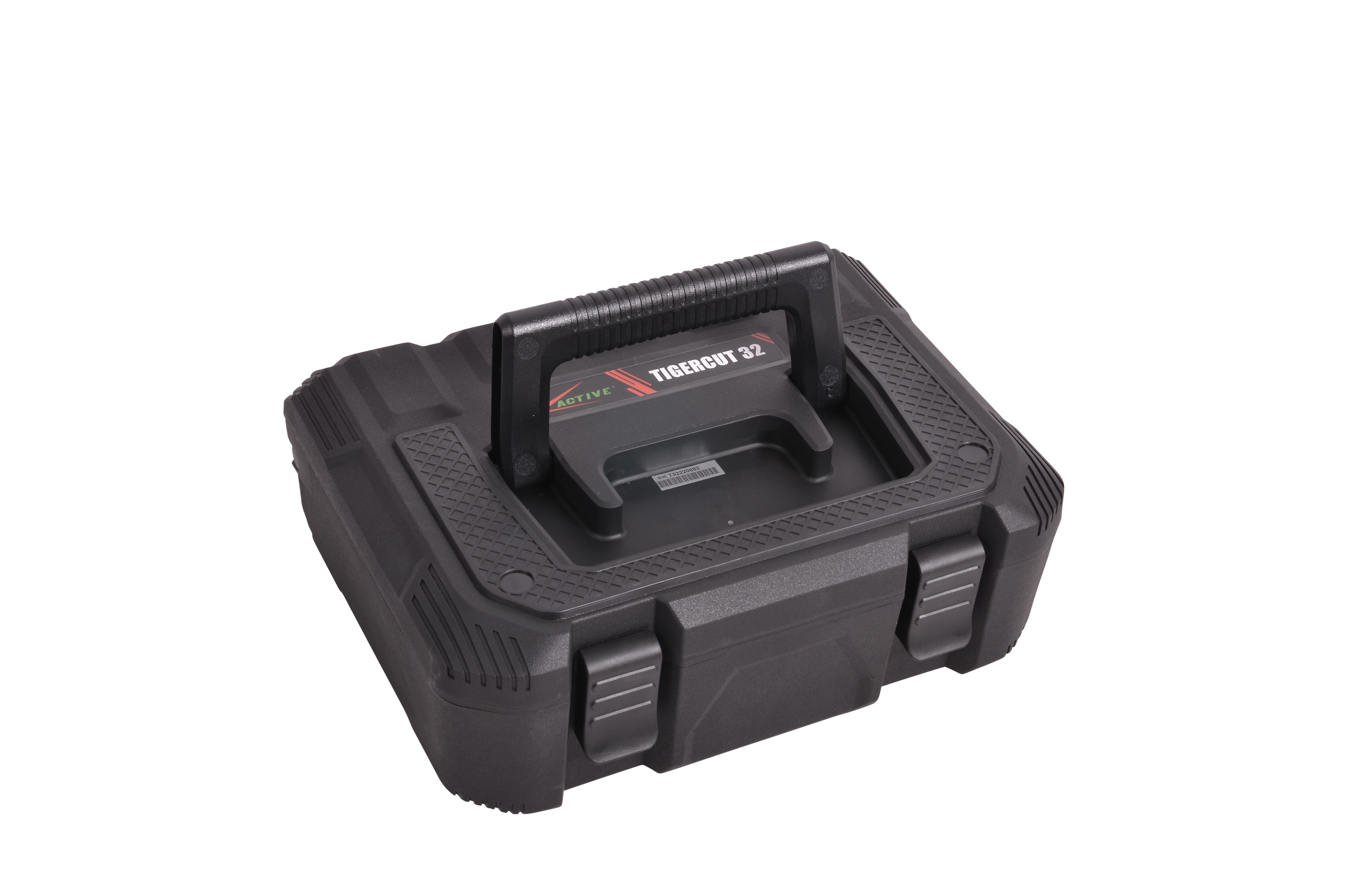 Czarna walizka z uchwytem. Napis TIGERCUT 32. Białe tło.