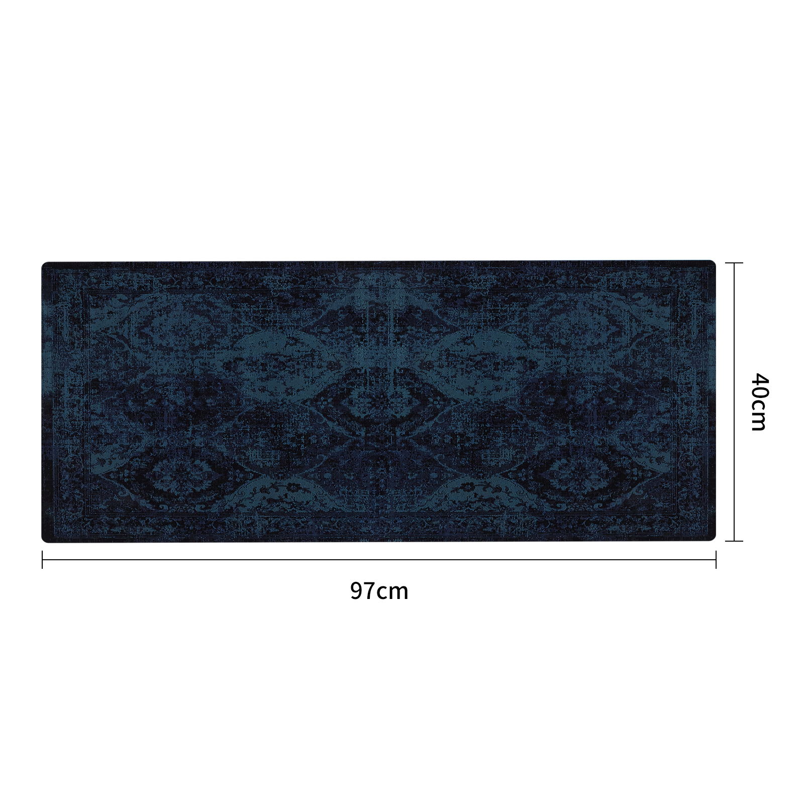 Ciemnoniebieski dywan z wzorami geometrycznymi i kwiatowymi, 97x40cm.