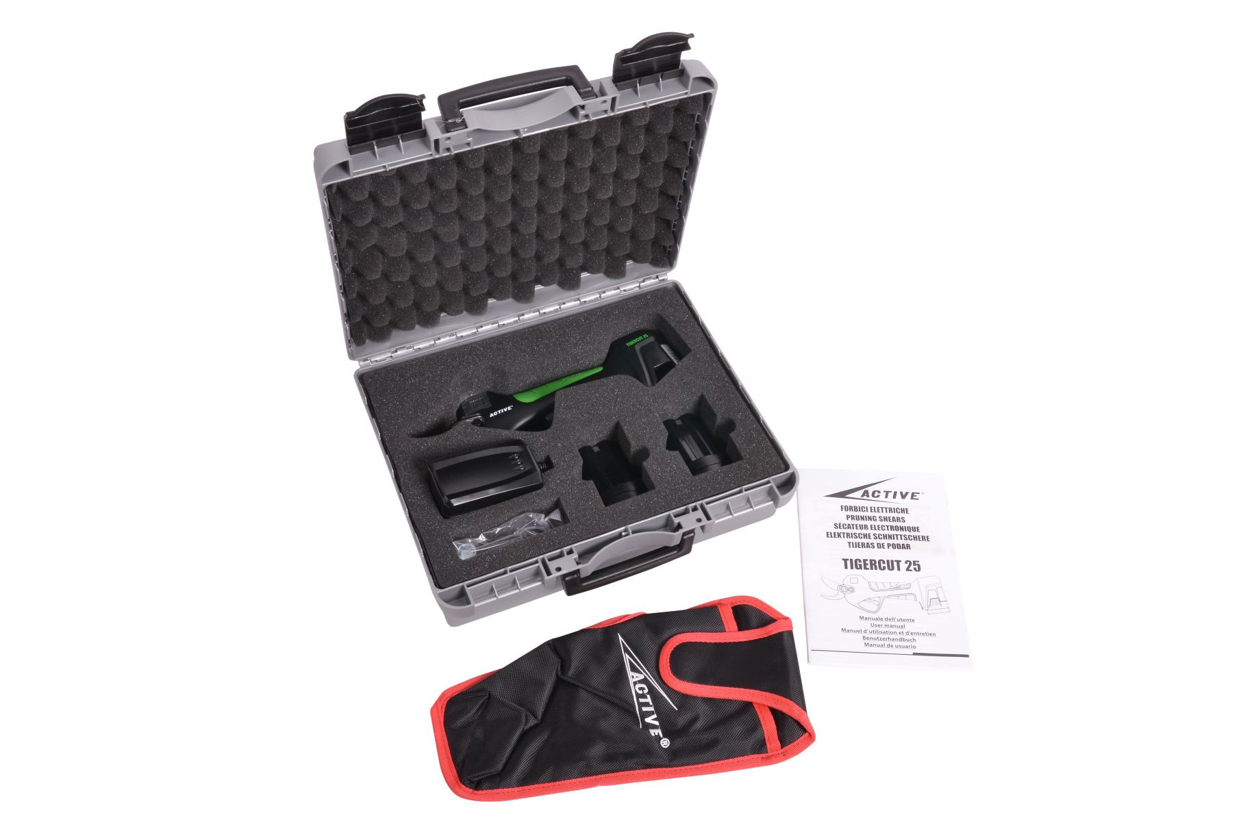 Szara walizka z zielonymi nożycami do przycinania, ładowarką i instrukcją.