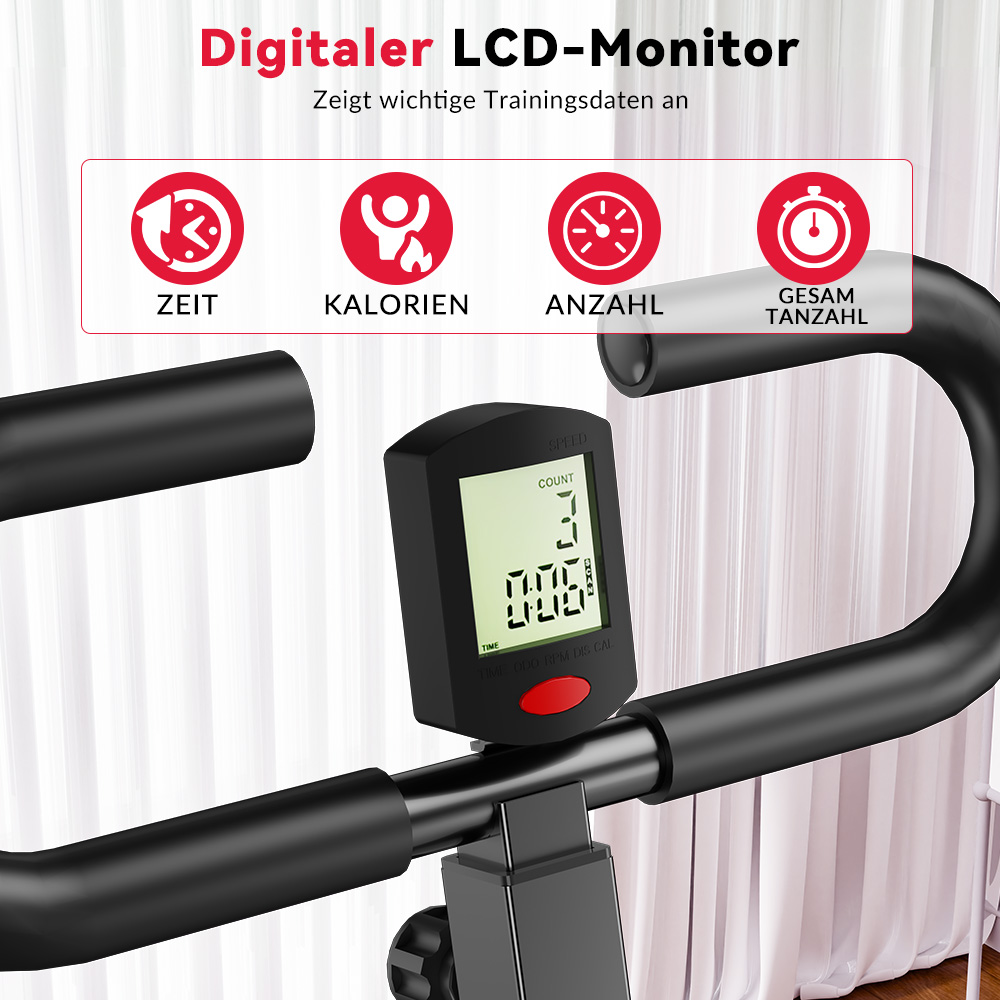 Cyfrowy monitor LCD pokazuje czas, kalorie, liczbę, sumę.