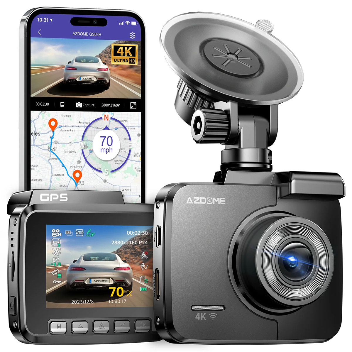 Twee AZDOME dashcams, één met telefooninterface, tonen een zilveren sedan.