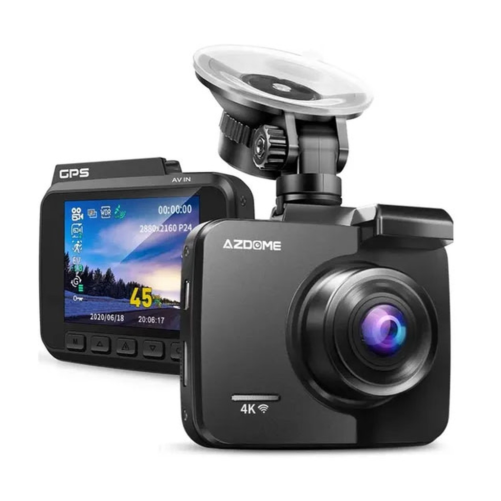 Twee zwarte dashcams met zuignapbevestiging. Eén toont 4K WiFi-logo, de andere een display.