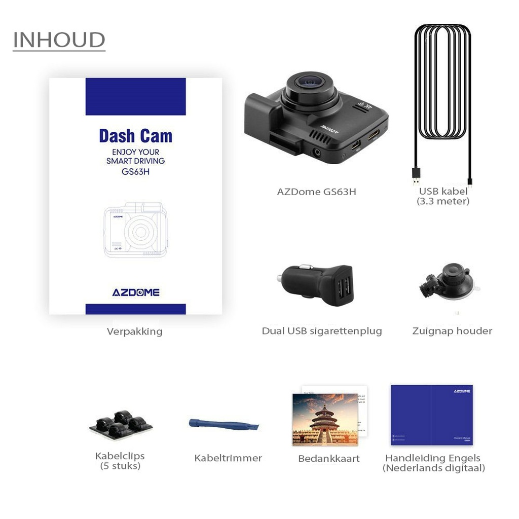 Inhoud: Dash Cam, USB-kabel, autolader, houder, clips, trimmer, kaart, handleiding.