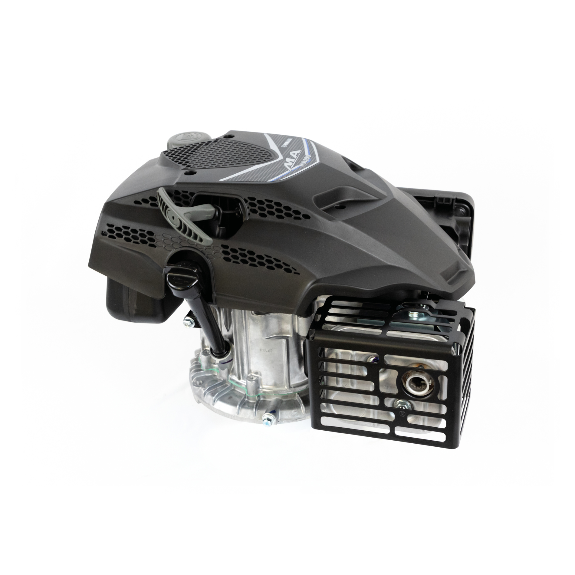 Czarny silnik ze srebrnymi metalowymi częściami i uchwytem.