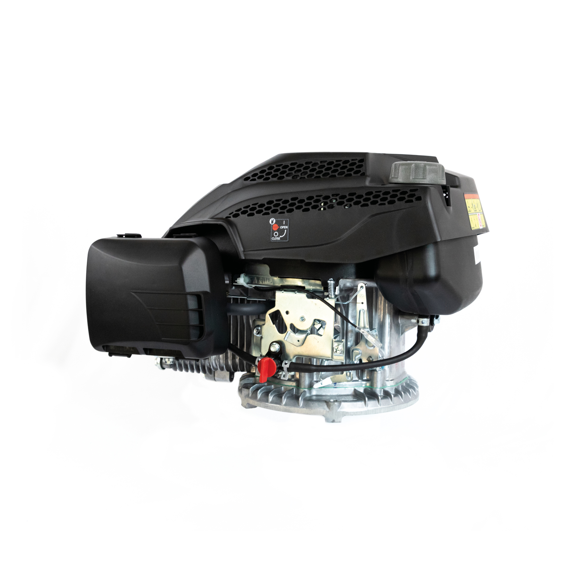 Czarny silnik ze srebrnymi metalowymi częściami i czerwoną dźwignią.