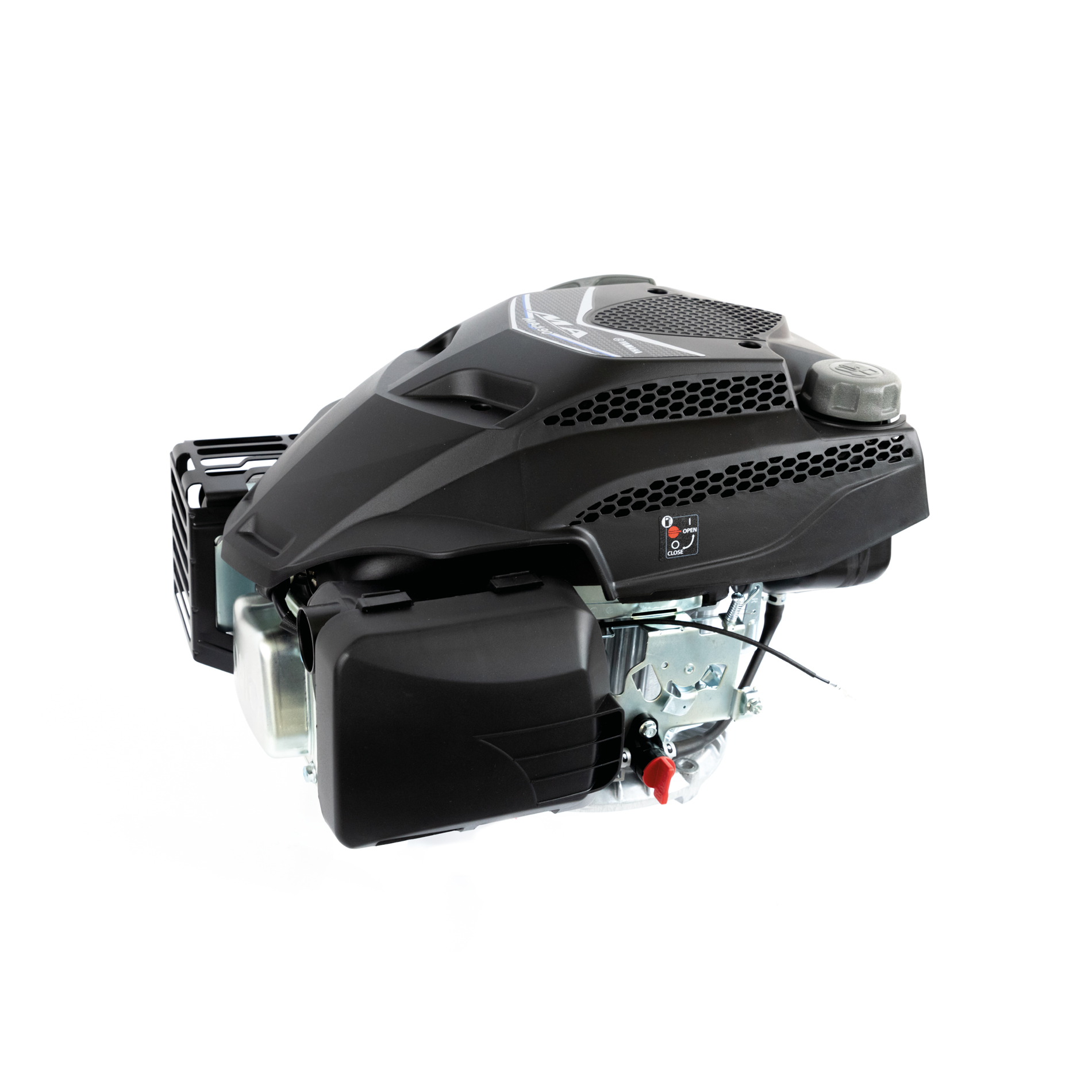 Czarny silnik z srebrnymi i szarymi detalami, na białym tle.