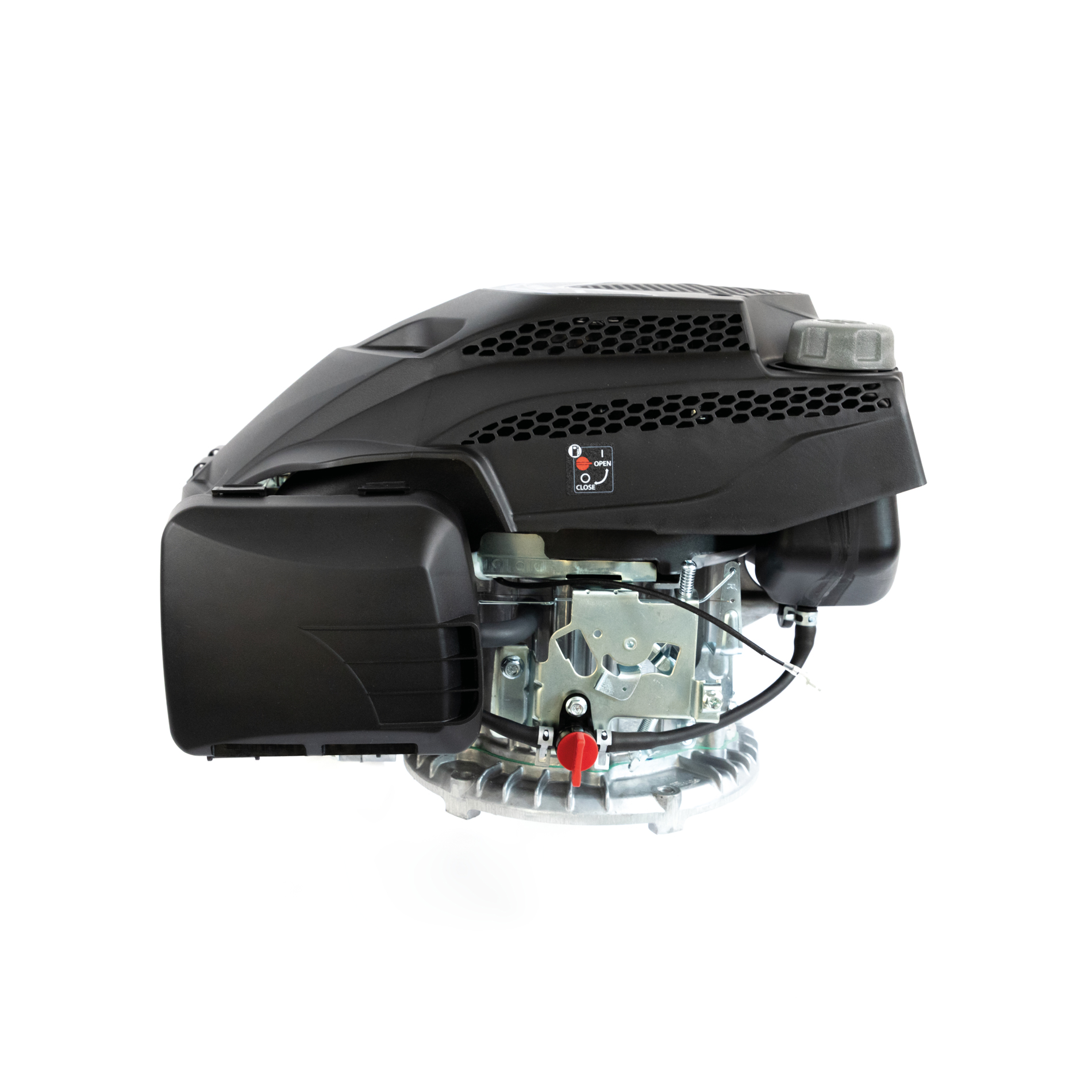 Czarny silnik ze srebrnymi metalowymi częściami i czerwonym przełącznikiem.