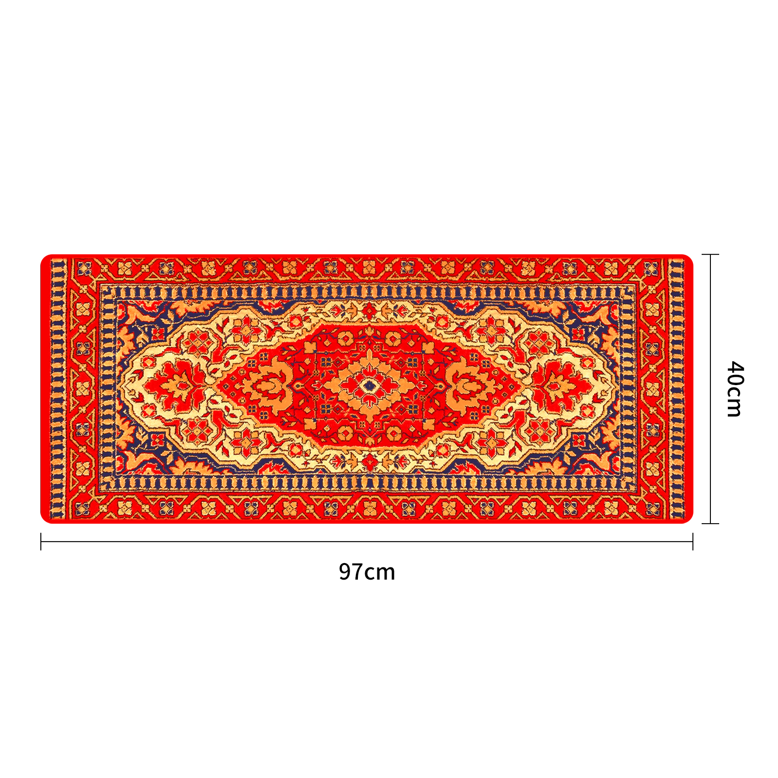 Czerwony dywan prostokątny z tradycyjnym perskim wzorem w kolorze niebieskim i złotym. Wymiary 97x40cm.