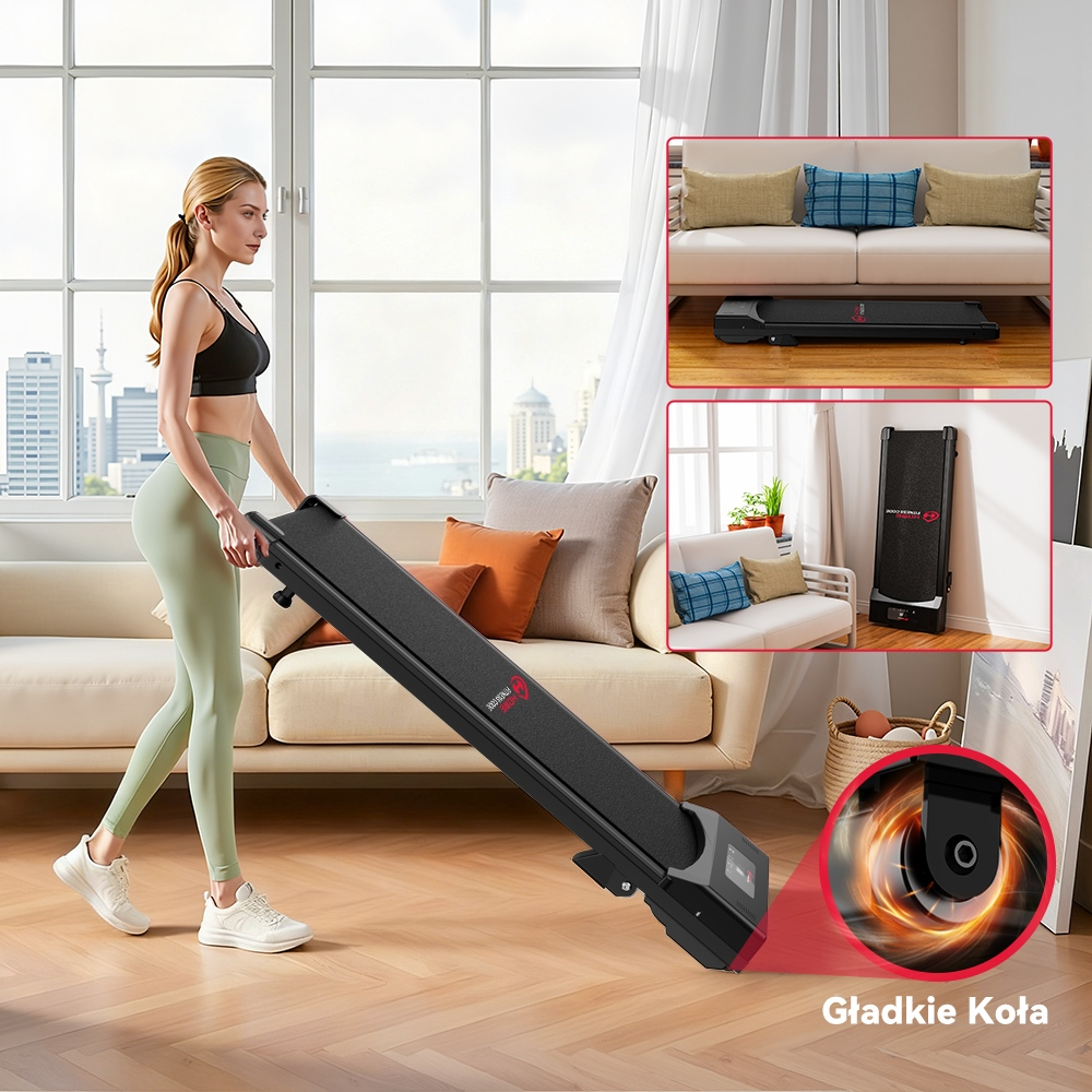 Kobieta przesuwa czarną bieżnię w salonie. Wstawki pokazują ją pod sofą i stojącą pionowo.