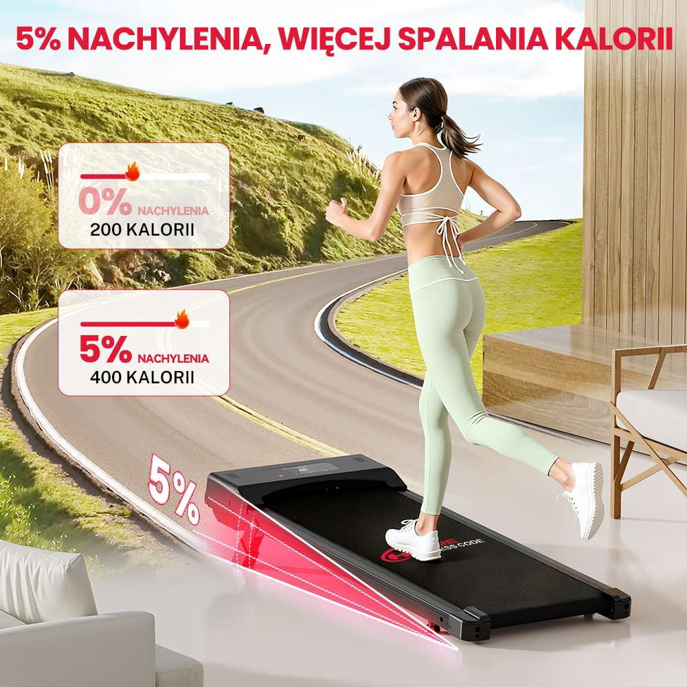 Kobieta biegnie na bieżni; nachylenie 5% spala więcej kalorii niż 0%.