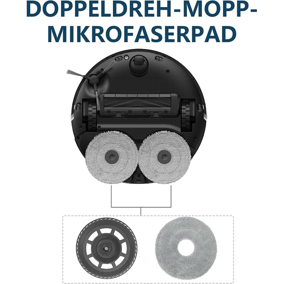 Robotstofzuiger met roterende dweilpads en afneembaar wiel en pad.