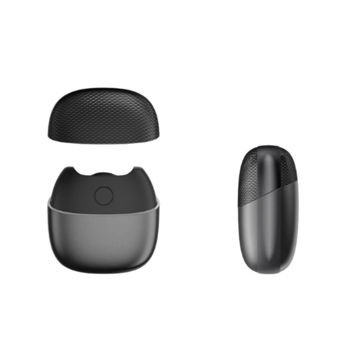 Dwa czarne, owalne obiekty. Jeden jest rozłożony, drugi kompletny.