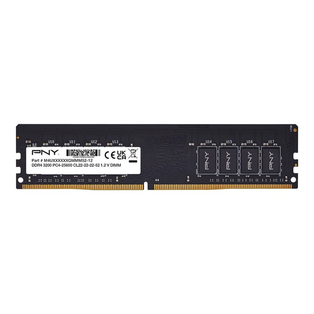 Czarny moduł RAM PNY DDR4 ze złotymi pinami. Specyfikacje: 3200 PC4-25600 CL22 1.2V.