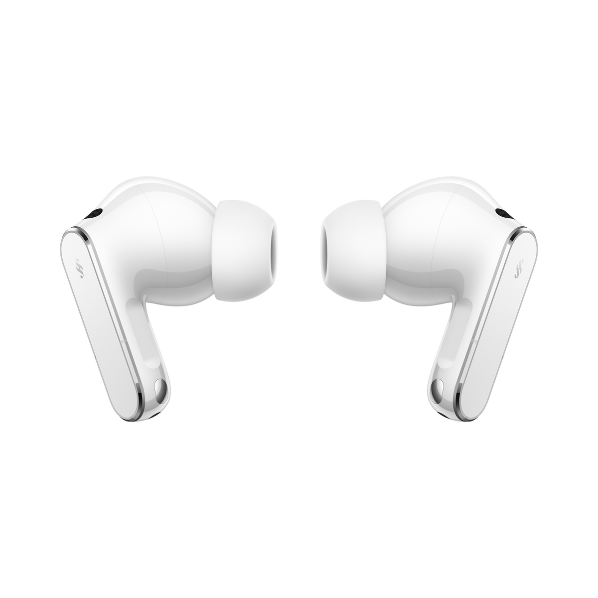 Two white wireless earbuds with silver accents, isolated on a white background.