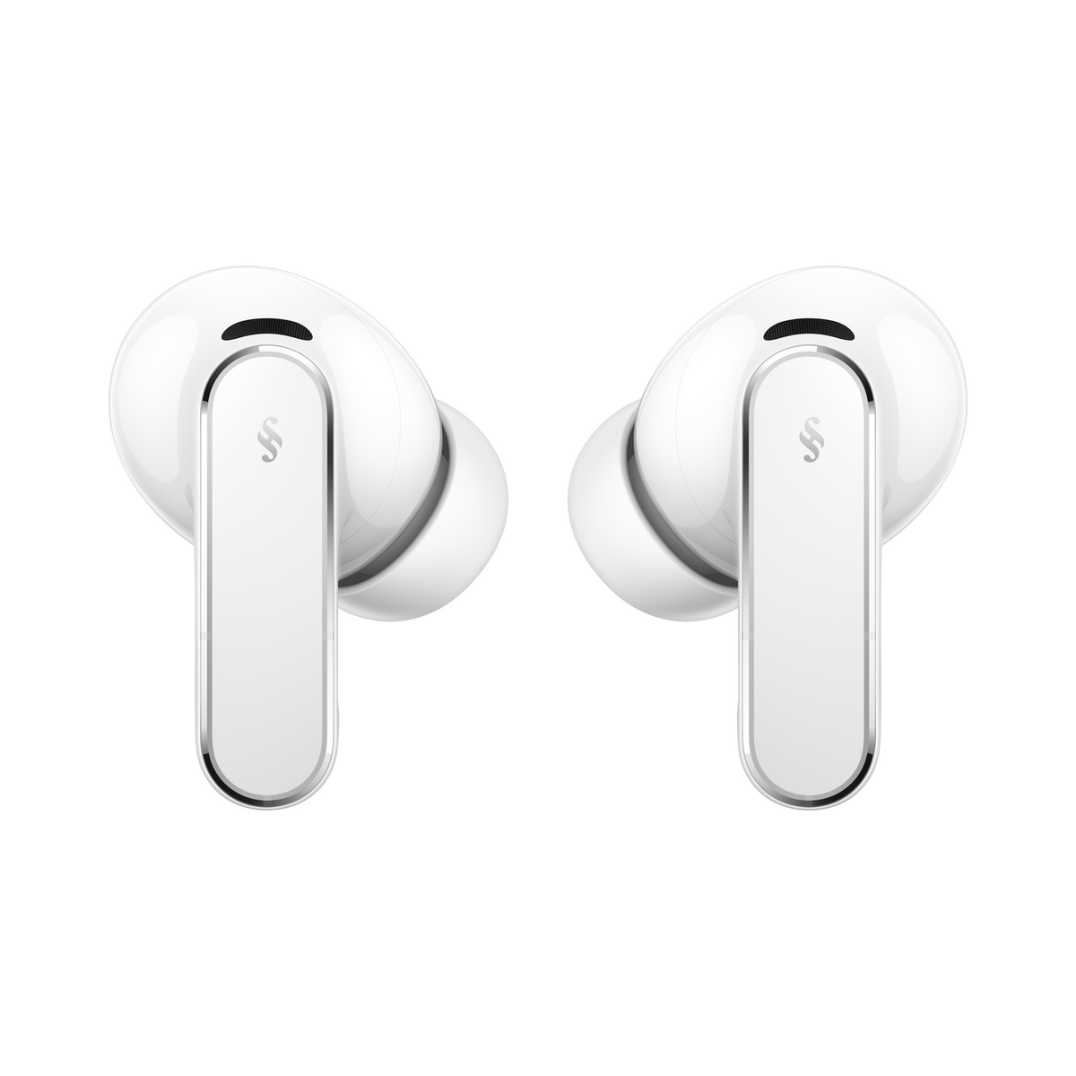 Two white wireless earbuds with silver accents on a white background.