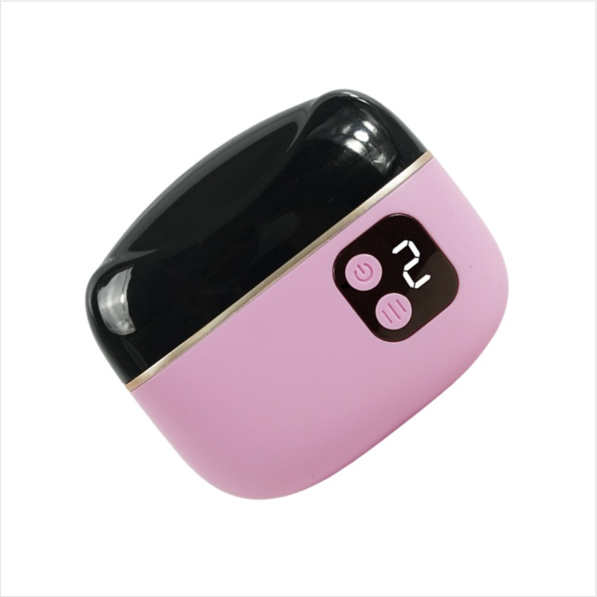 Różowe, owalne urządzenie z czarną górą i cyfrowymi kontrolkami.