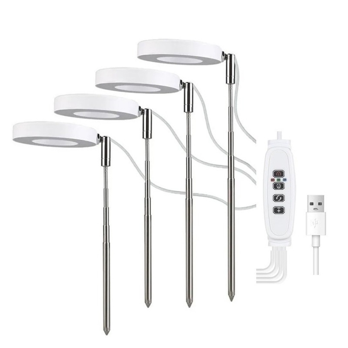 Cztery białe lampy pierścieniowe na wysięgnikach teleskopowych z białym kontrolerem i kablem USB.