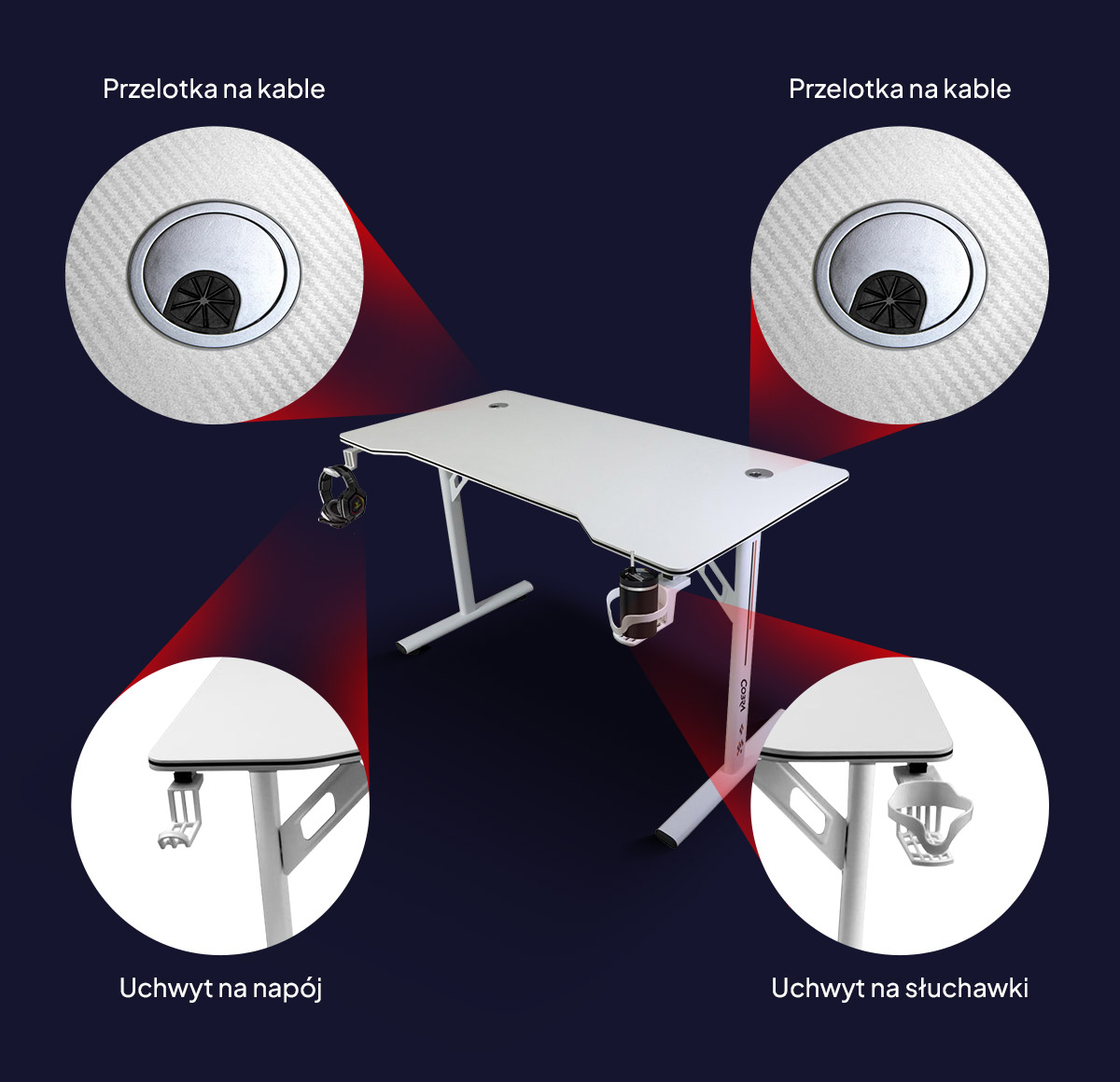 Białe biurko z akcesoriami: przelotka na kable, uchwyt na napój i słuchawki.