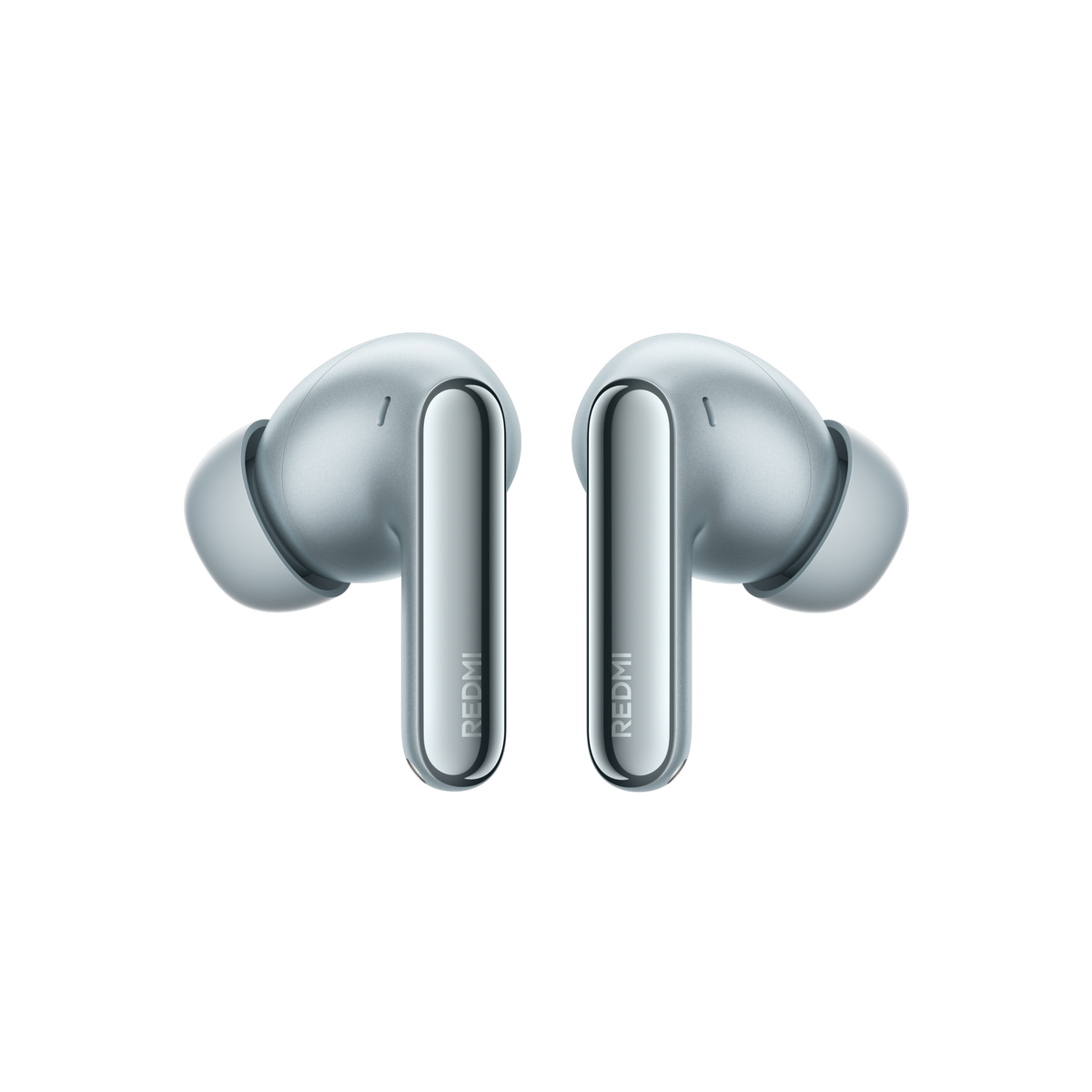Two light blue wireless earbuds with silver stems, on a black background.