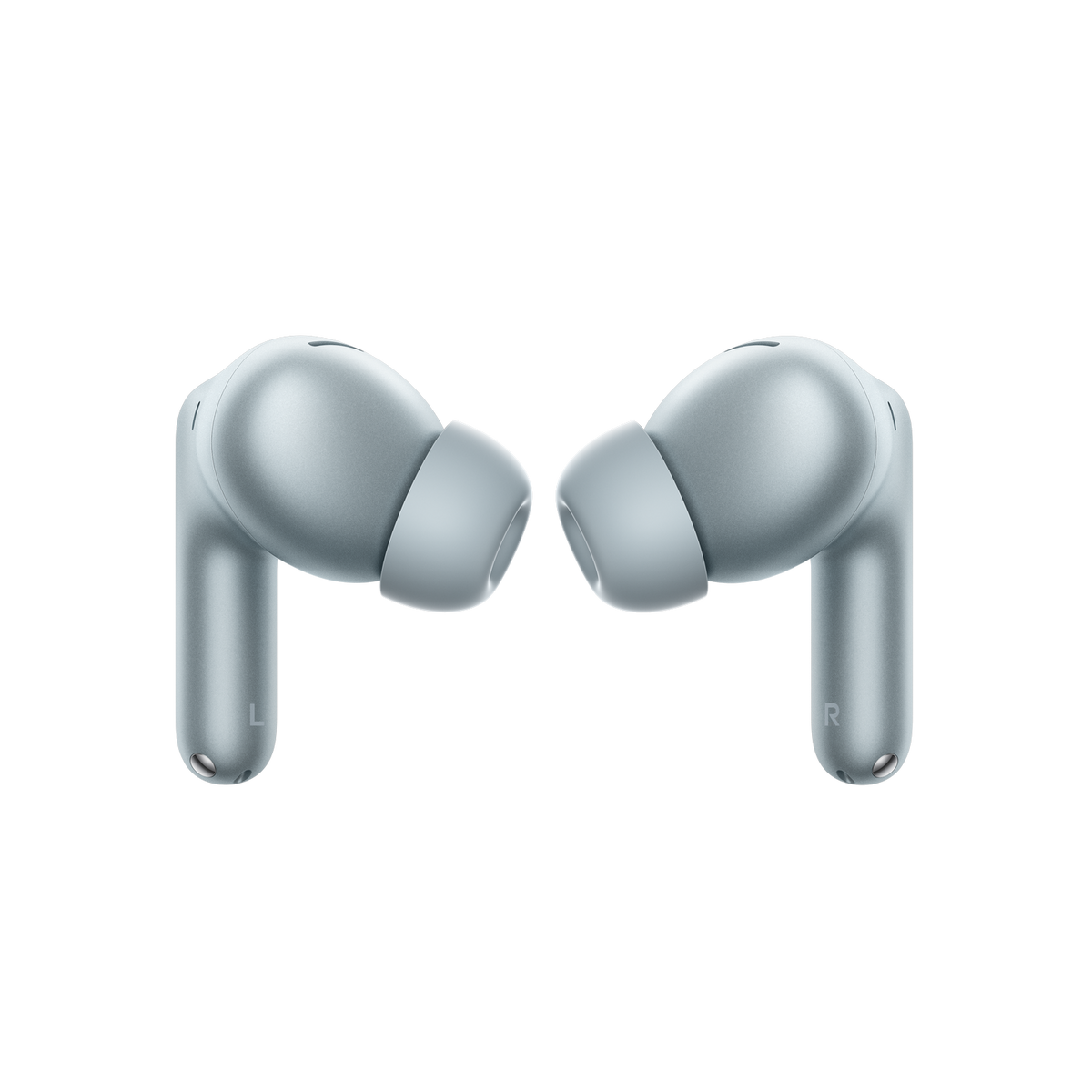 Two light blue wireless earbuds with stems, on a black background.