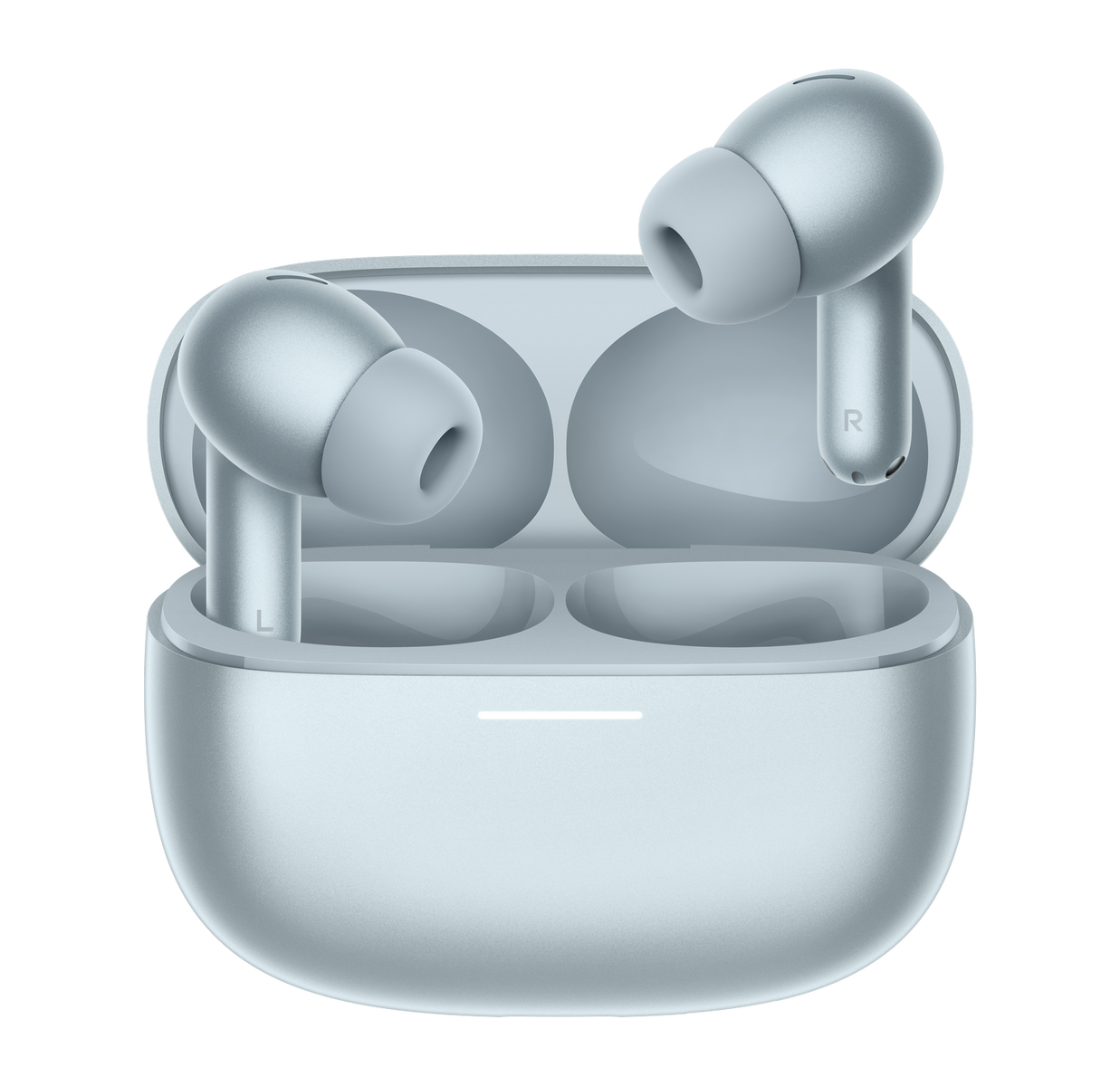 Light blue wireless earbuds with charging case, one earbud in case.