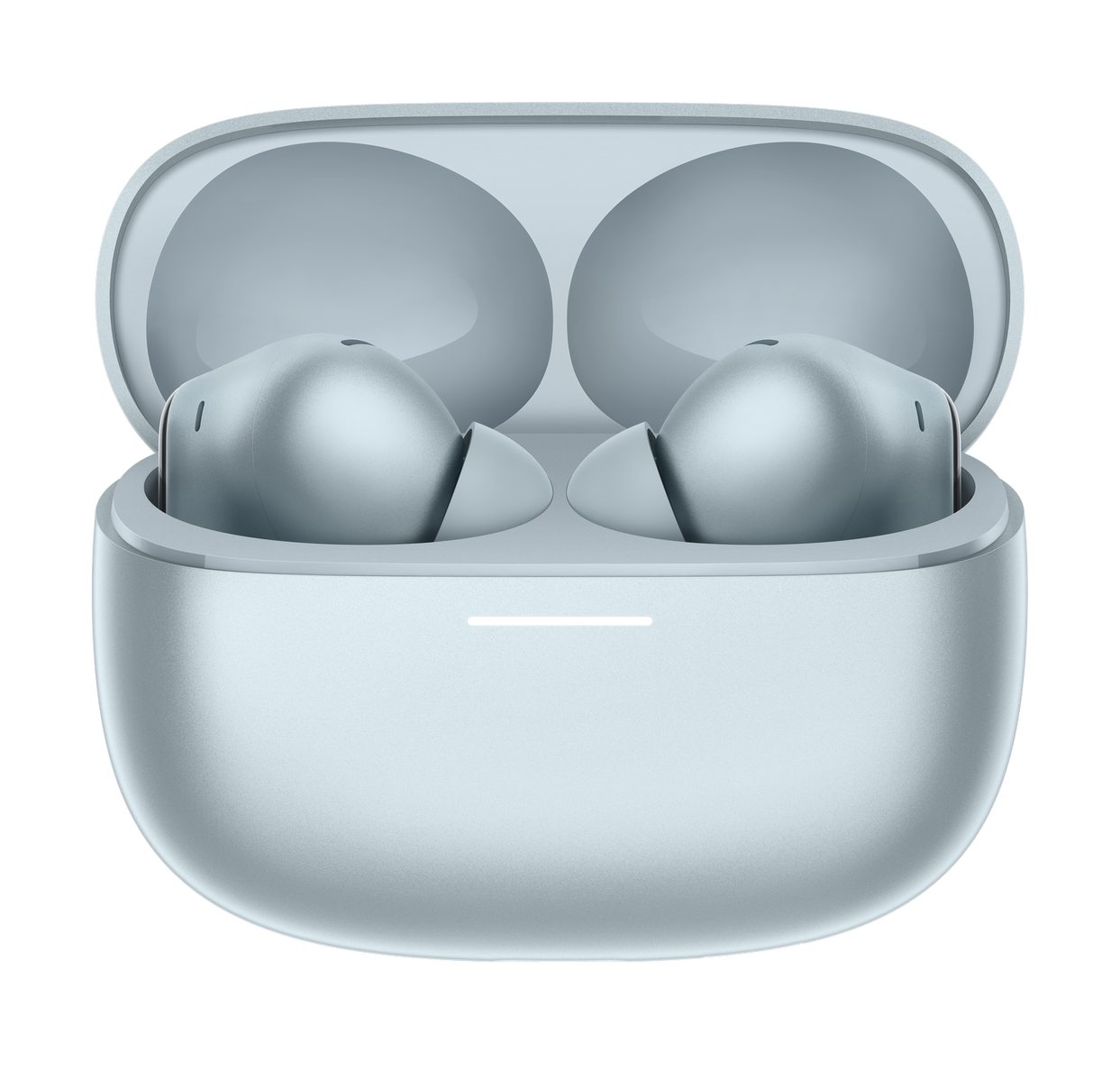 Light blue wireless earbuds in an open charging case with a white light strip.