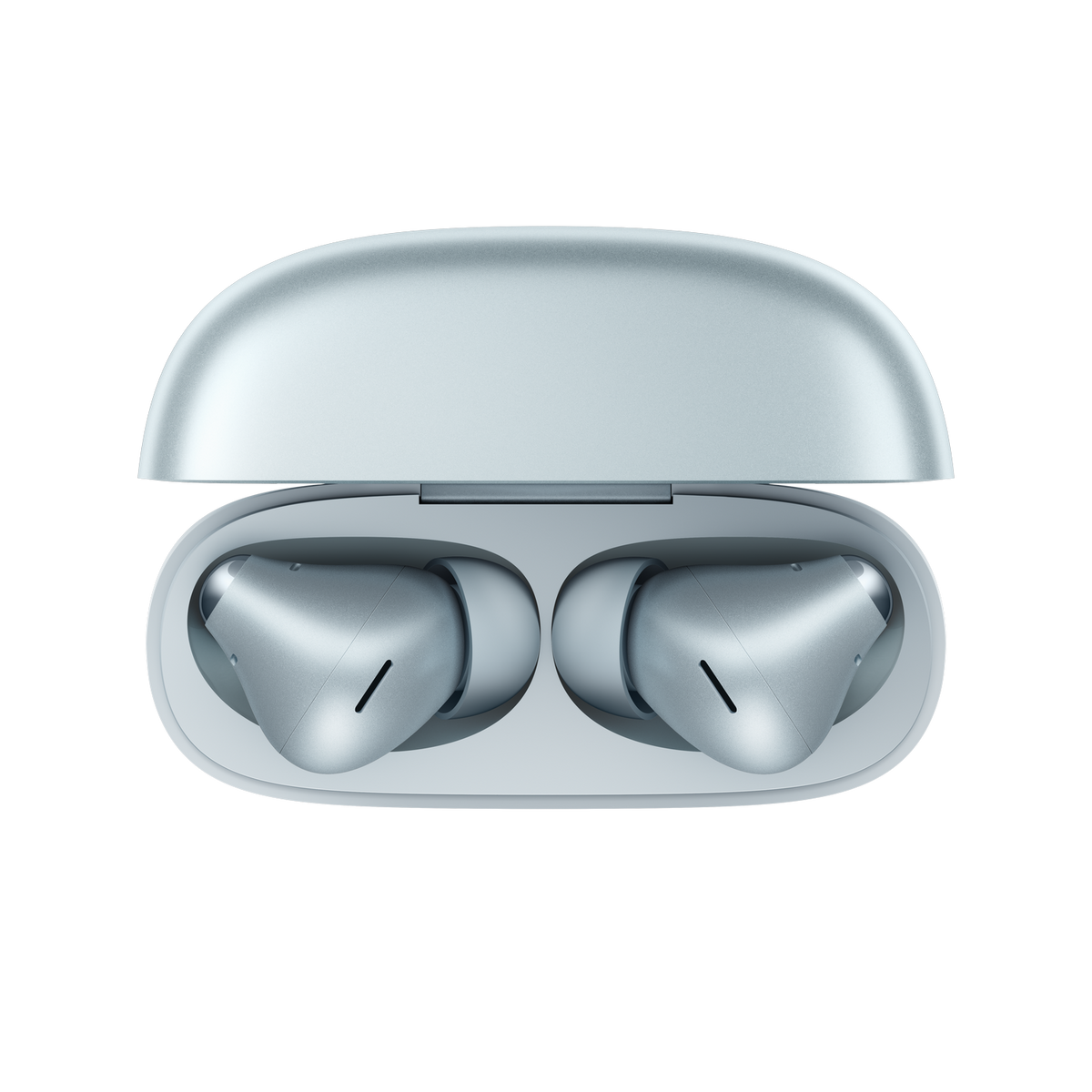 Silver wireless earbuds in an open charging case against a black background.