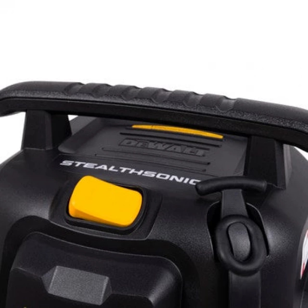 Czarny odkurzacz DeWalt Stealthsonic z żółtym przyciskiem i uchwytem.