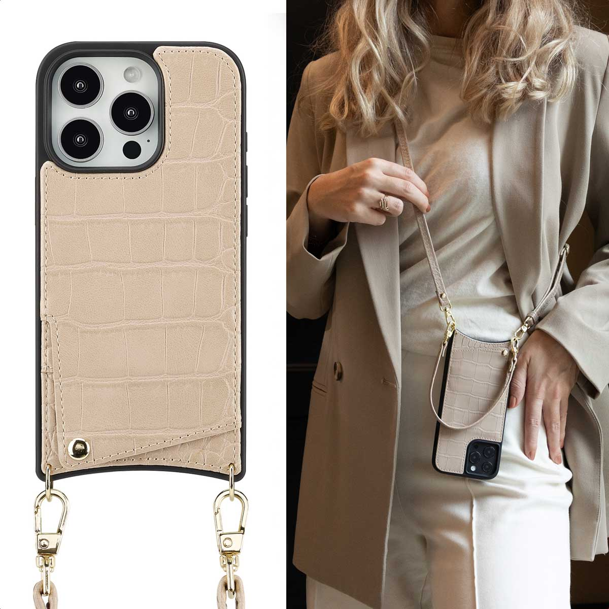 Beige krokodillenprint telefoonhoes met bandje, aan telefoon bevestigd.
