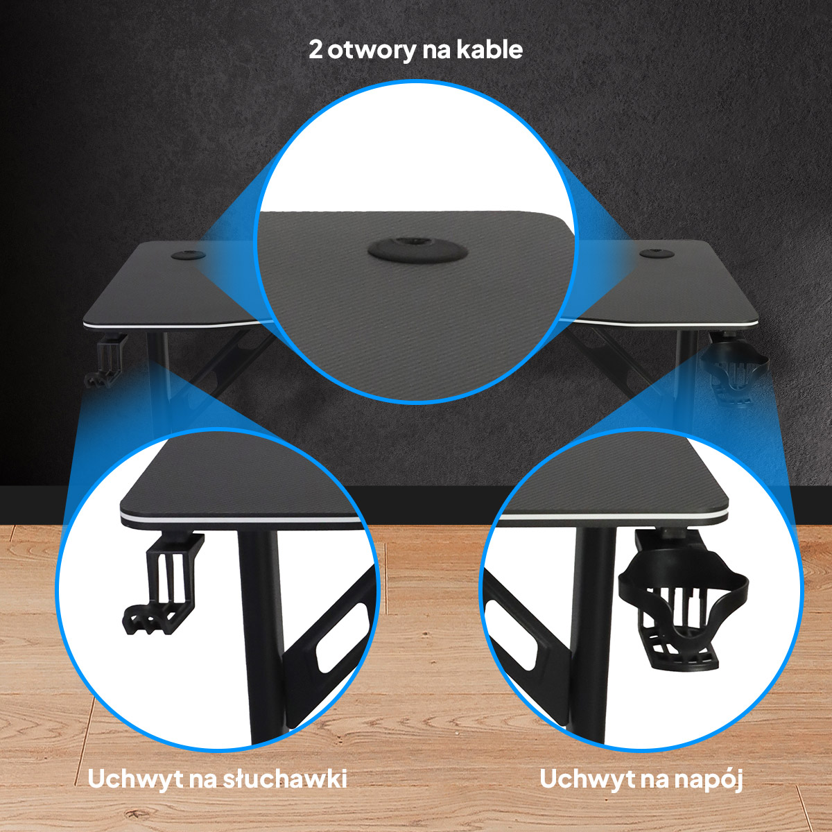 Czarny biurko z uchwytem na słuchawki, uchwytem na napoje i przelotkami kablowymi.