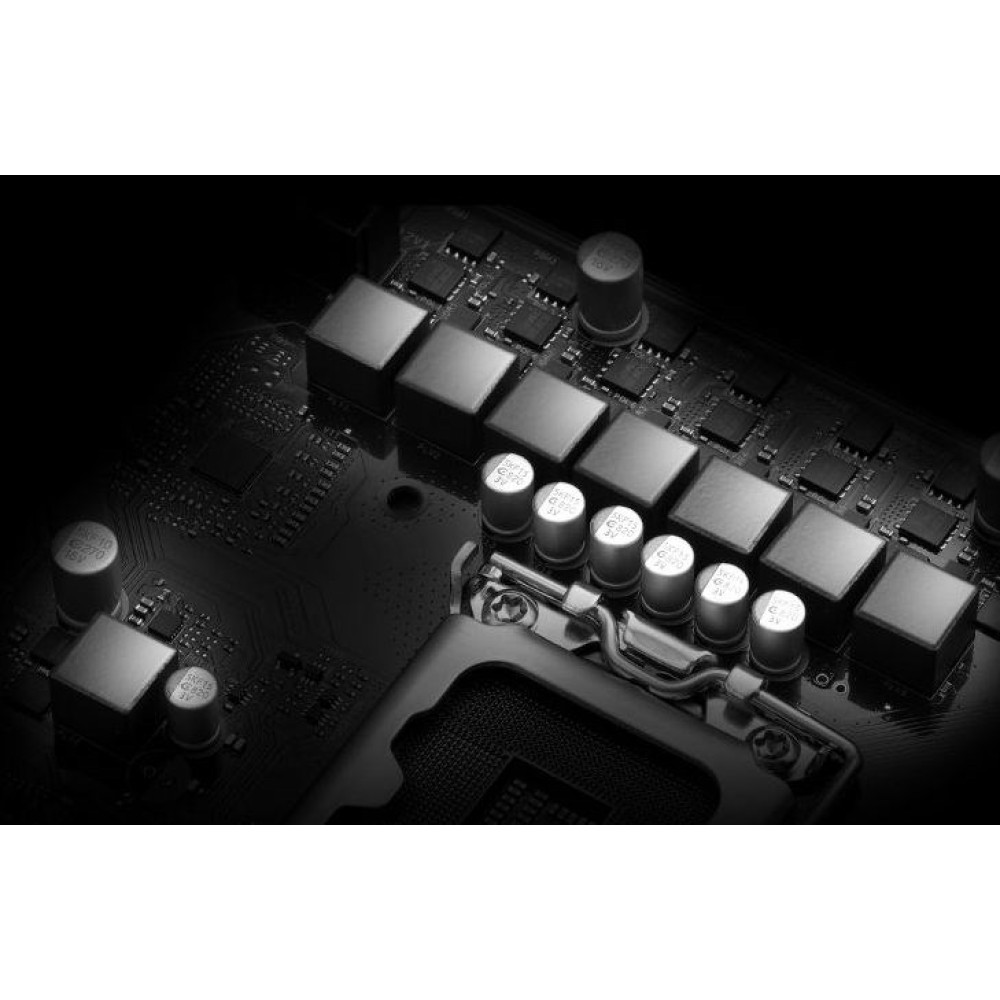 Zbliżenie płyty głównej komputera z wieloma komponentami, w tym gniazdem procesora.