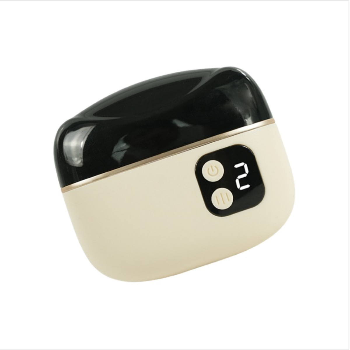Beżowe urządzenie z czarną górą i cyfrowym wyświetlaczem '2'.
