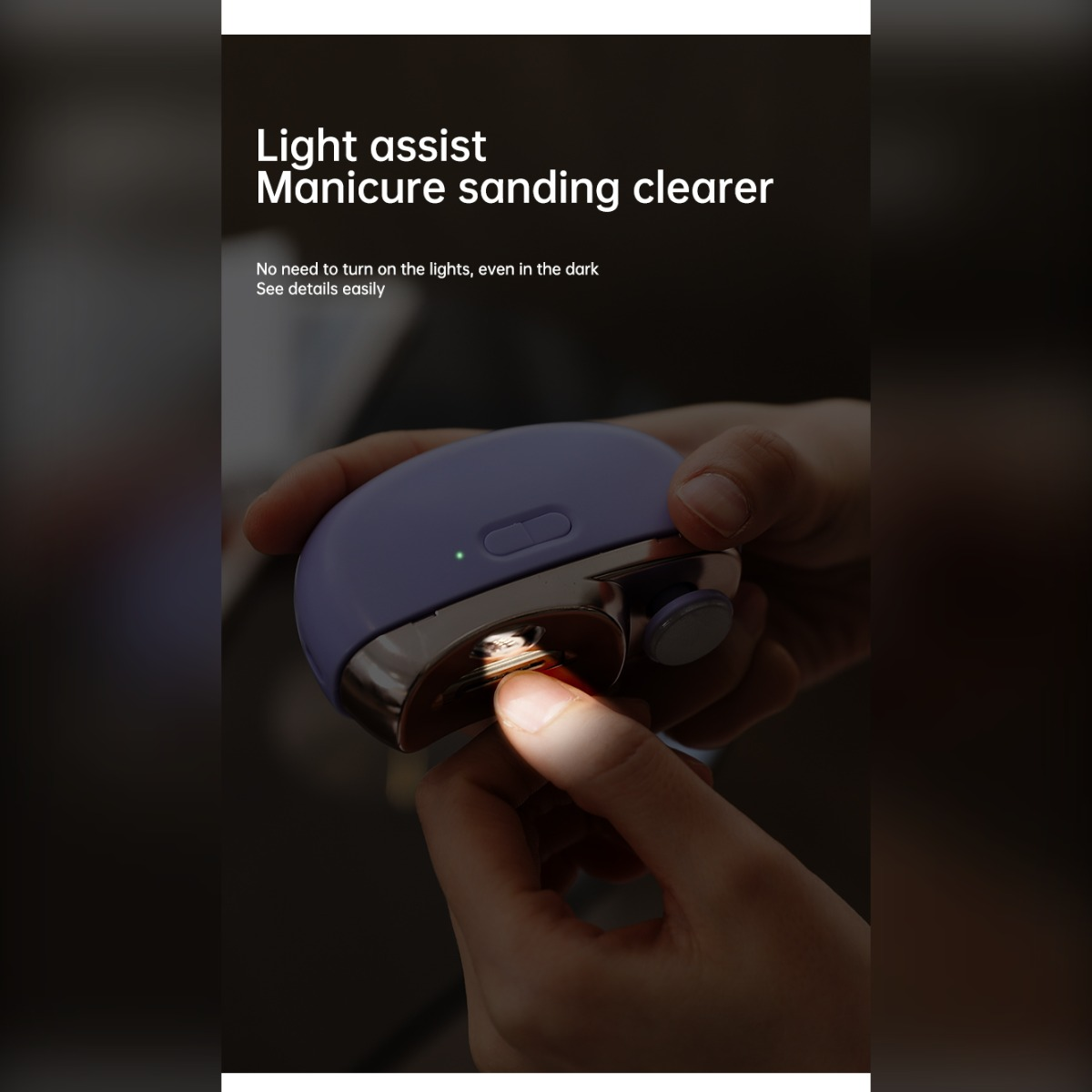 Narzędzie do manicure z podświetleniem trzymane w dłoniach. Świeci światło.