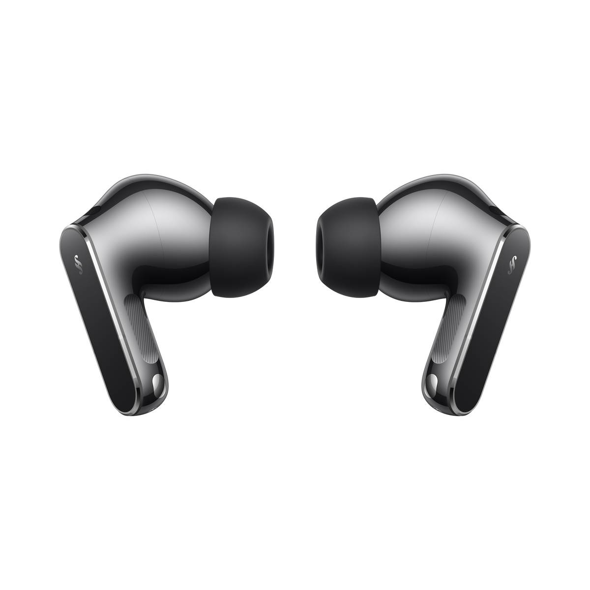 Two shiny silver earbuds with black tips on a black background.