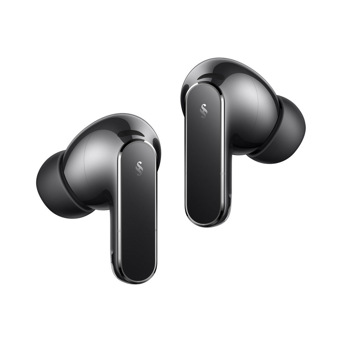 Two glossy black wireless earbuds with silver accents, on a black background.
