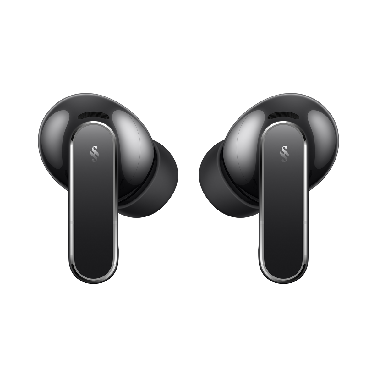 Two glossy black wireless earbuds with silver accents on a black background.