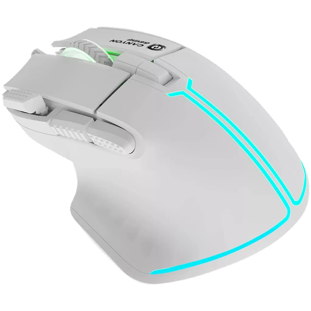 Biała mysz gamingowa z niebieskimi akcentami LED i logo Canyon.