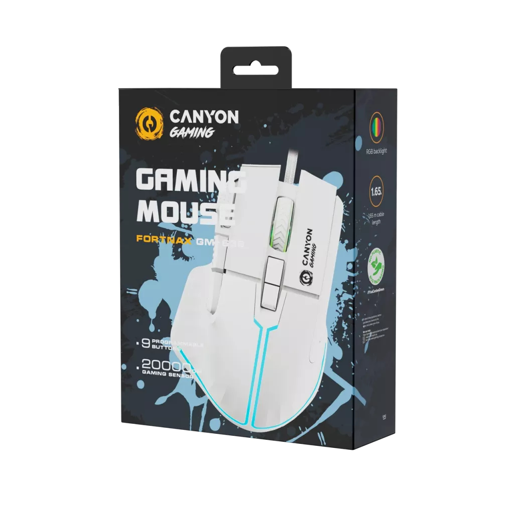 Białe pudełko myszy Canyon Gaming z logo i zdjęciem myszy.