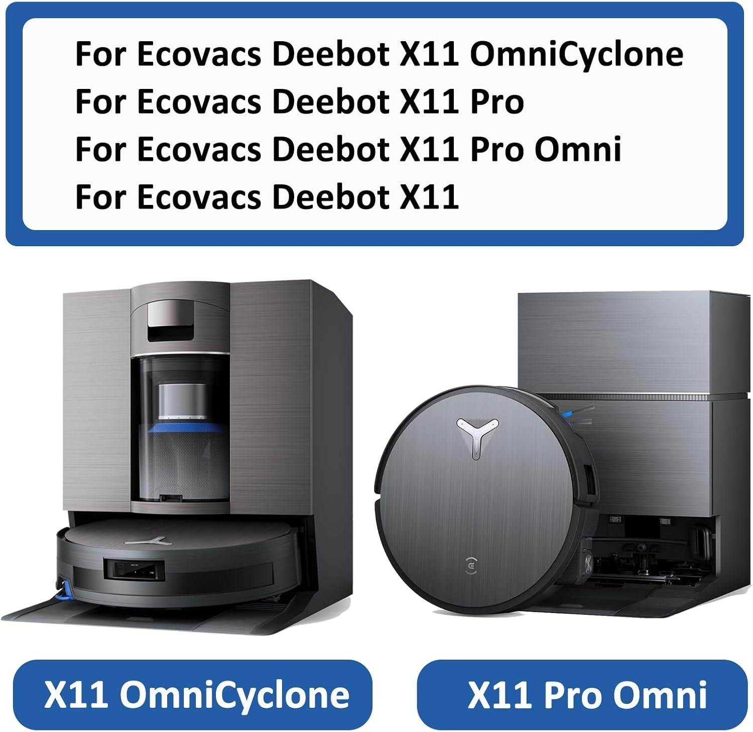 Dwa roboty sprzątające Ecovacs Deebot ze stacjami ładującymi: X11 OmniCyclone i X11 Pro Omni.
