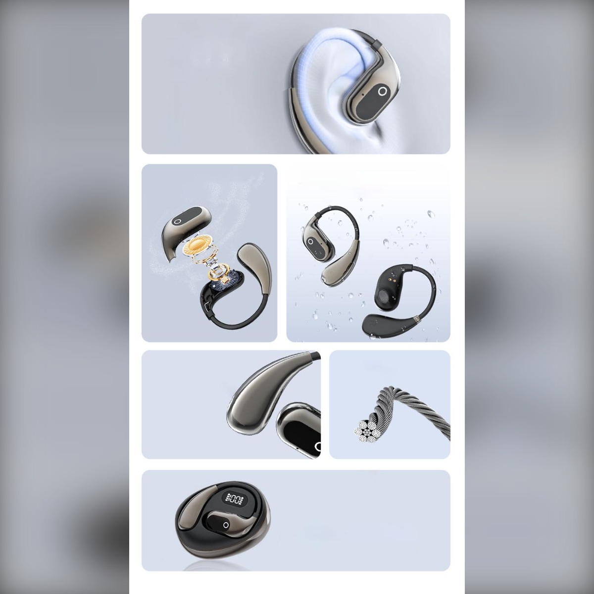 R&oacute;żne widoki bezprzewodowych słuchawek, kabla i etui ładowania.