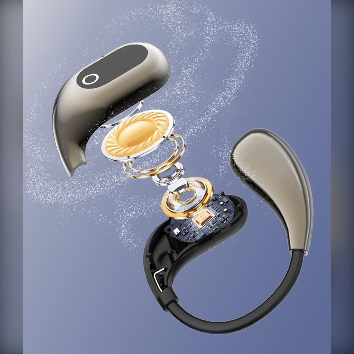 Widok rozstrzelony słuchawek bezprzewodowych pokazujący głośnik, płytkę drukowaną i obudowę.