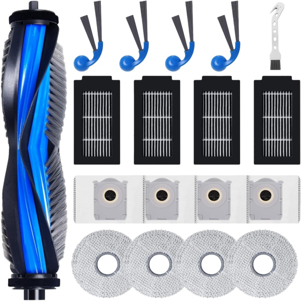 Un kit de remplacement pour aspirateur avec rouleau brosse, filtres, sacs et lingettes.
